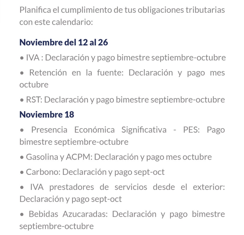 obligaciones tributarias colombia noviembre 2025